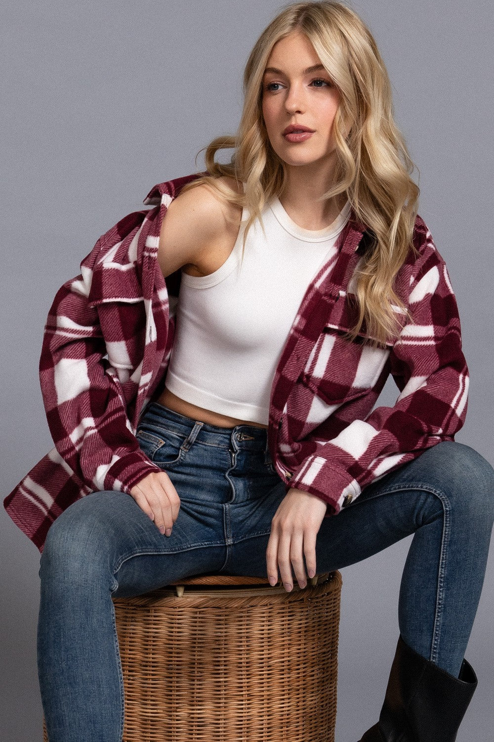 Long Slv Check Printed Fleece Shacket