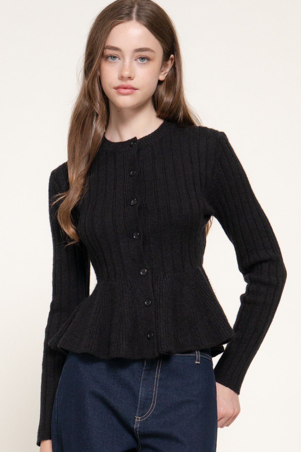 Long Slv Peplum Sweater Cardigan