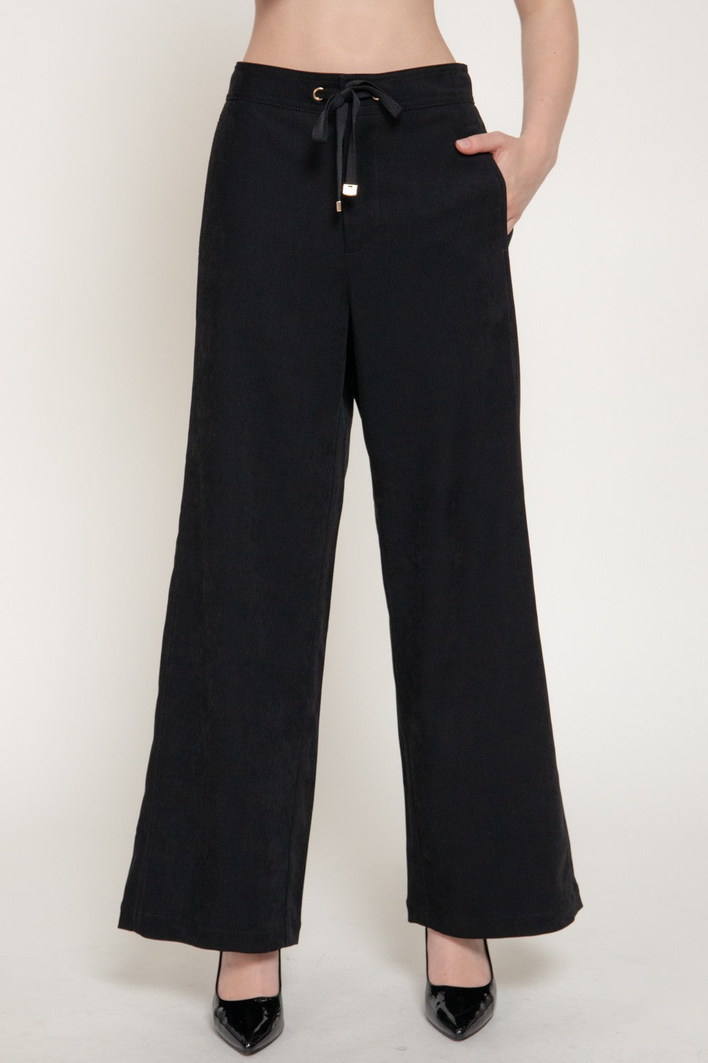 High Waist Wide Leg Suede Touch Twill Pants