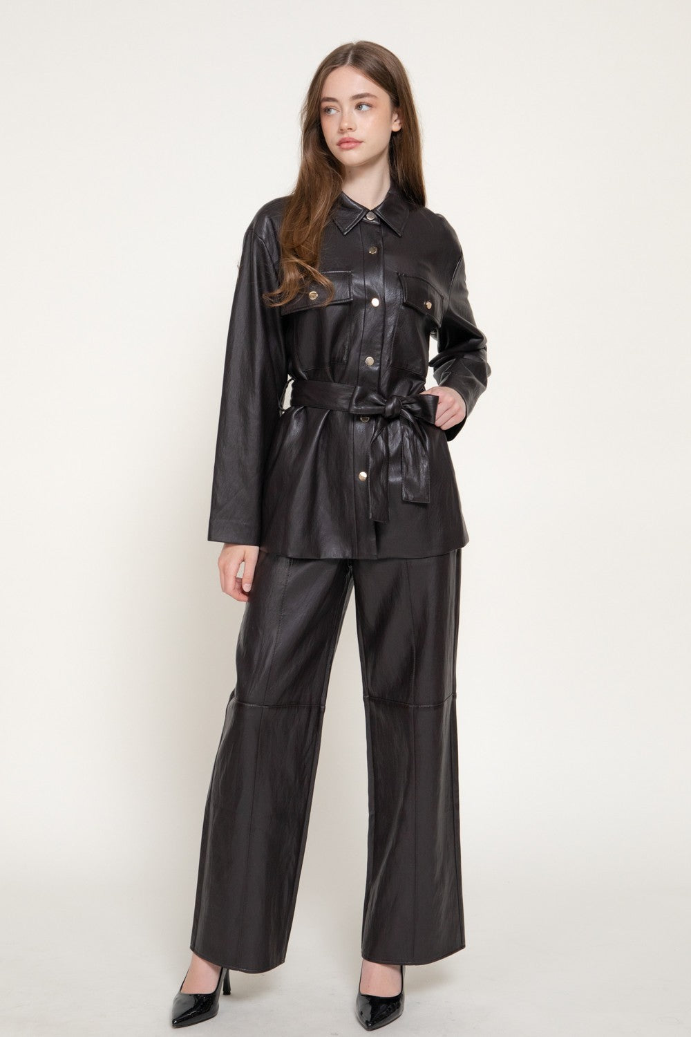 Button Down Belted Faux Leather Jacket