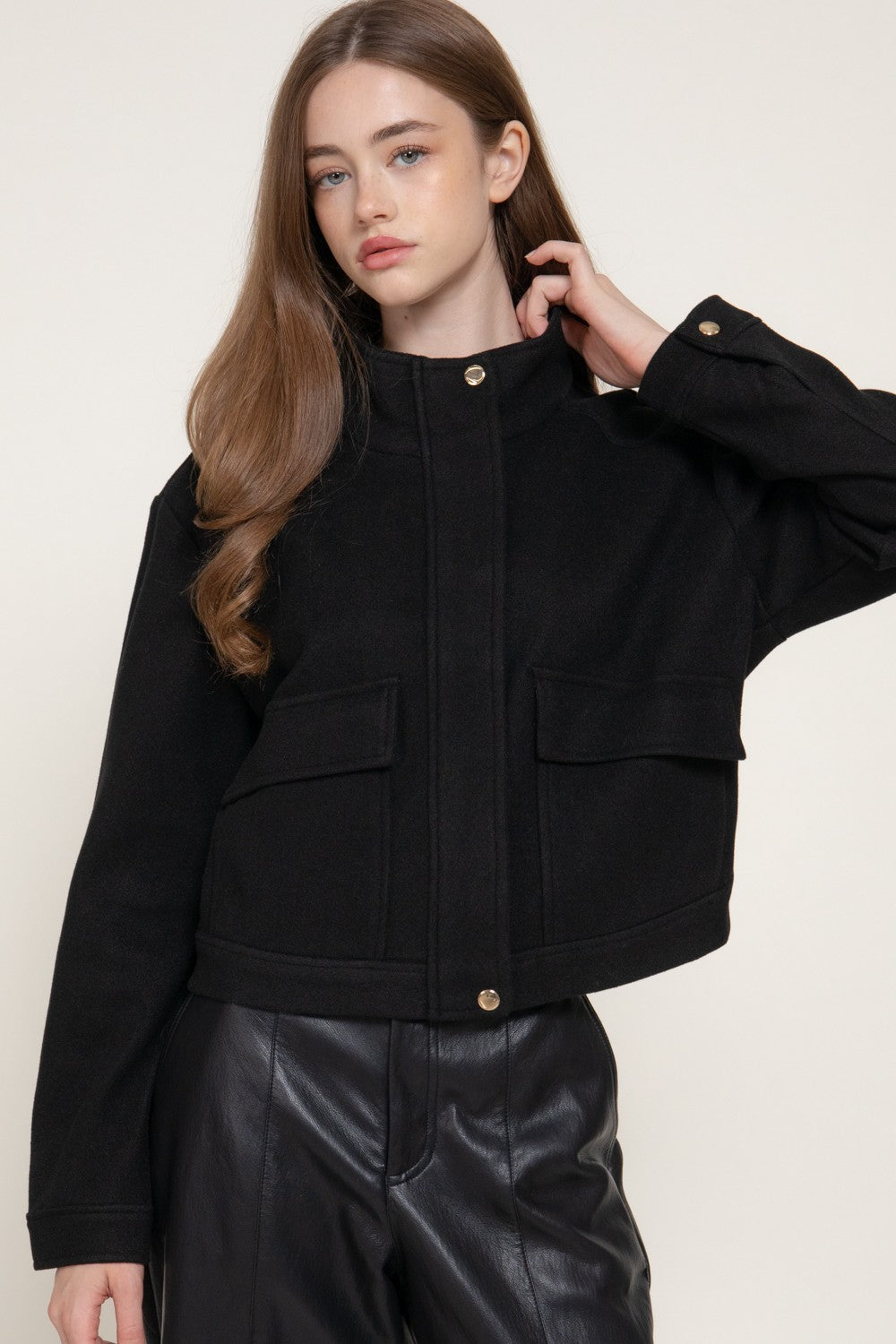 Long Slv High Neck Collar Felt Jacket