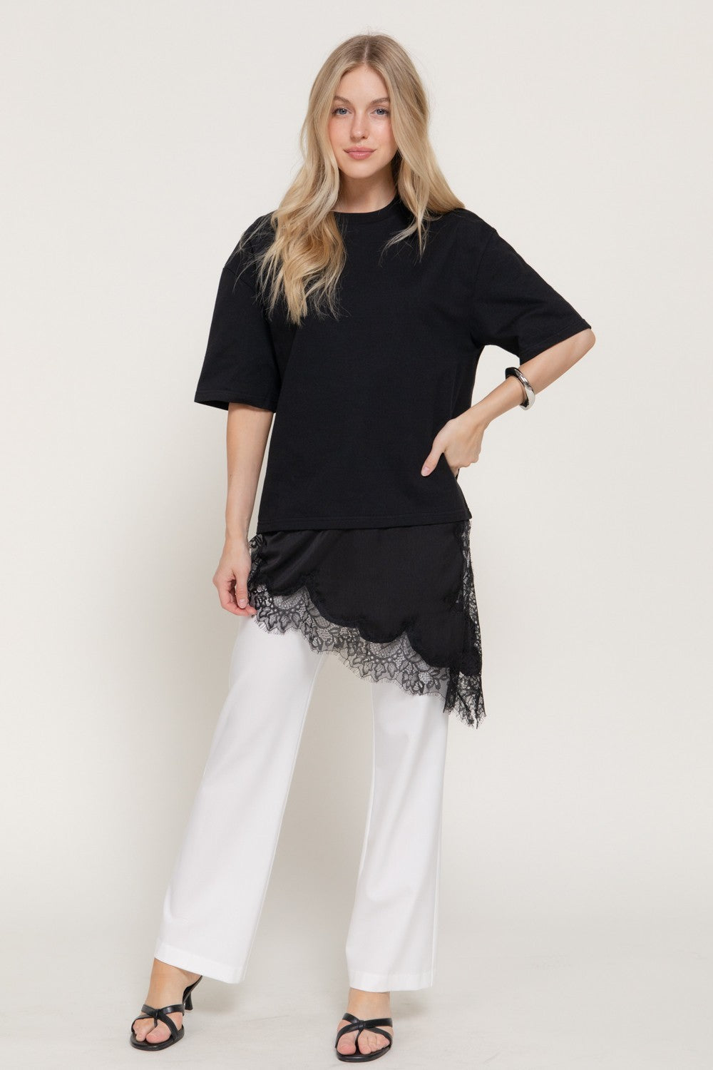 Short Slv Asymmetrical Hem Tonal Lace Knit Top