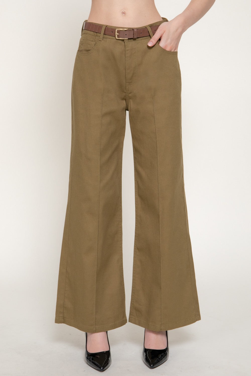Mid Rise Belted Cotton Twill Long Pants
