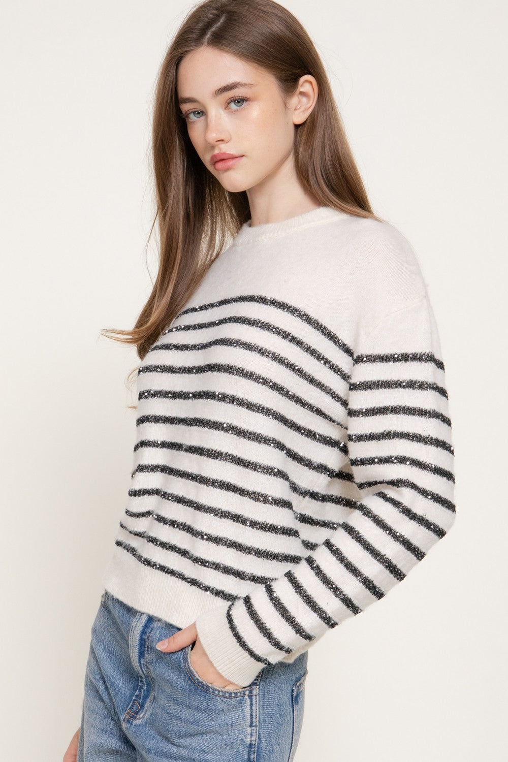 Long Slv Crew Neck Stripe Sequins Sweater