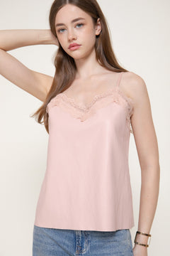 Lace Trimmed Faux Leathr Camisole Top