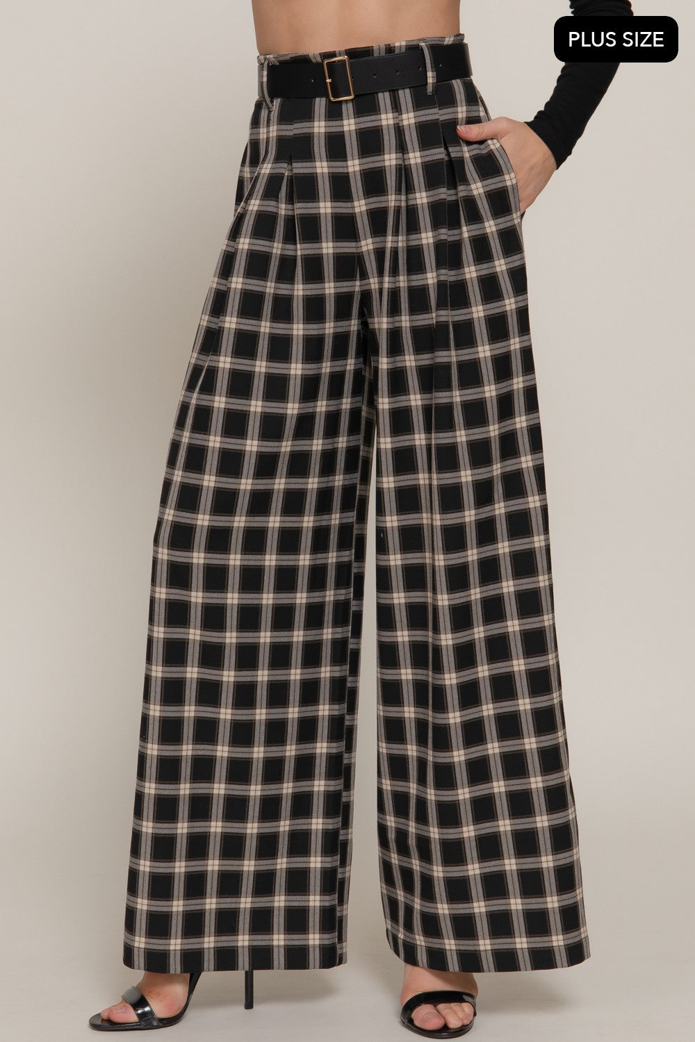 Pleats Belted Plaid Wide Long Pants