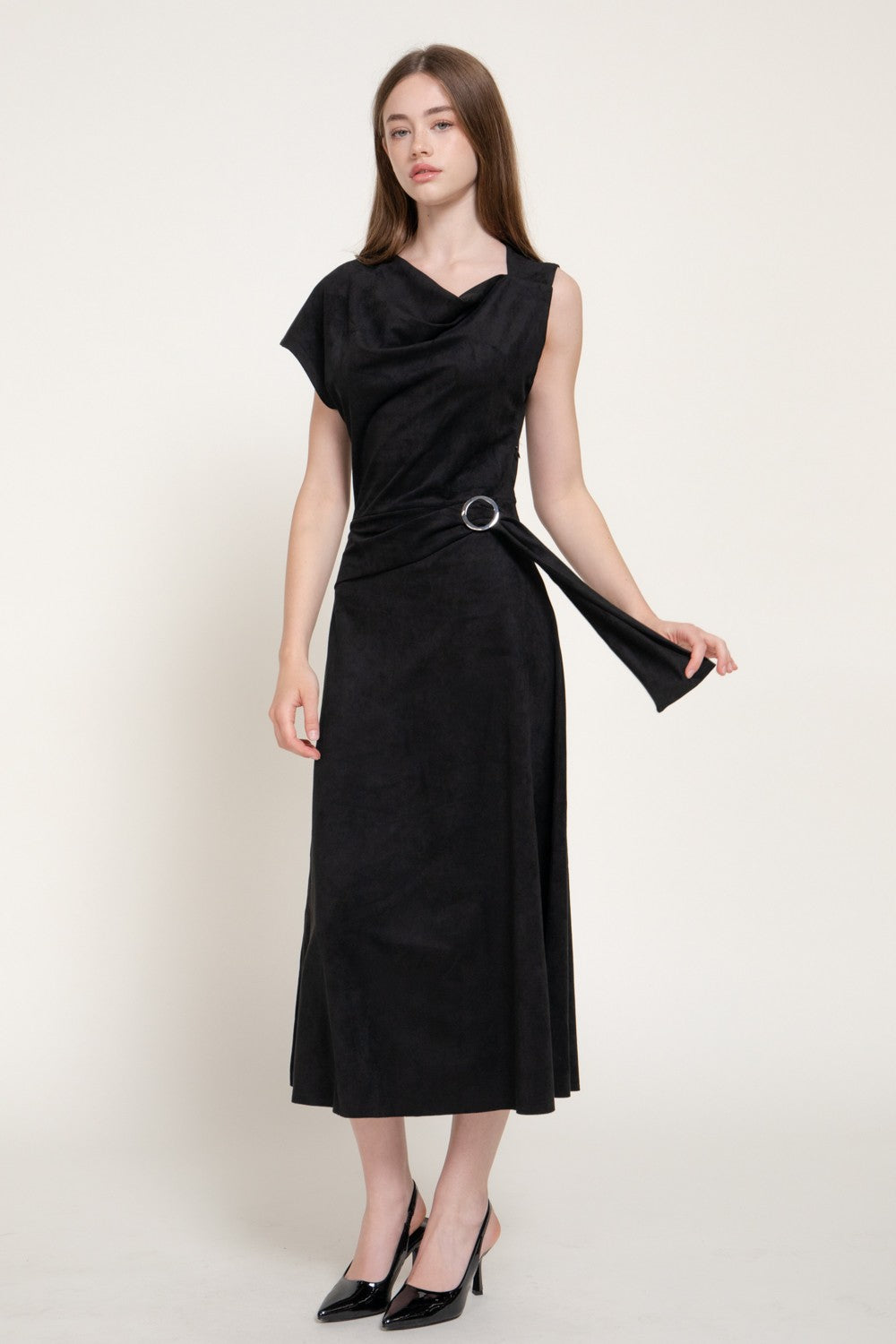 Asymmetrical Slv Belt Faux Suede Long Dress