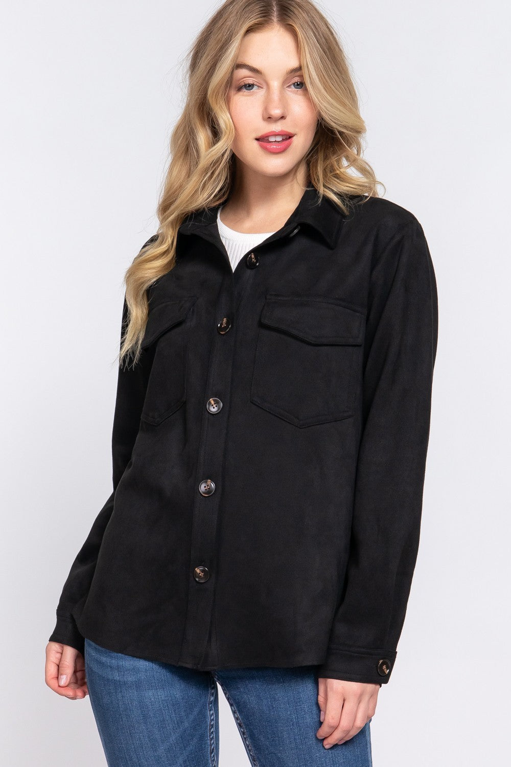 Long Sleeve Loose Fit Faux Suede Shacket