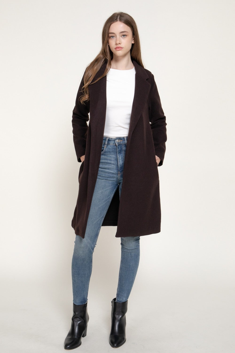 Long Slv Notched Collar Open Front Long Coat