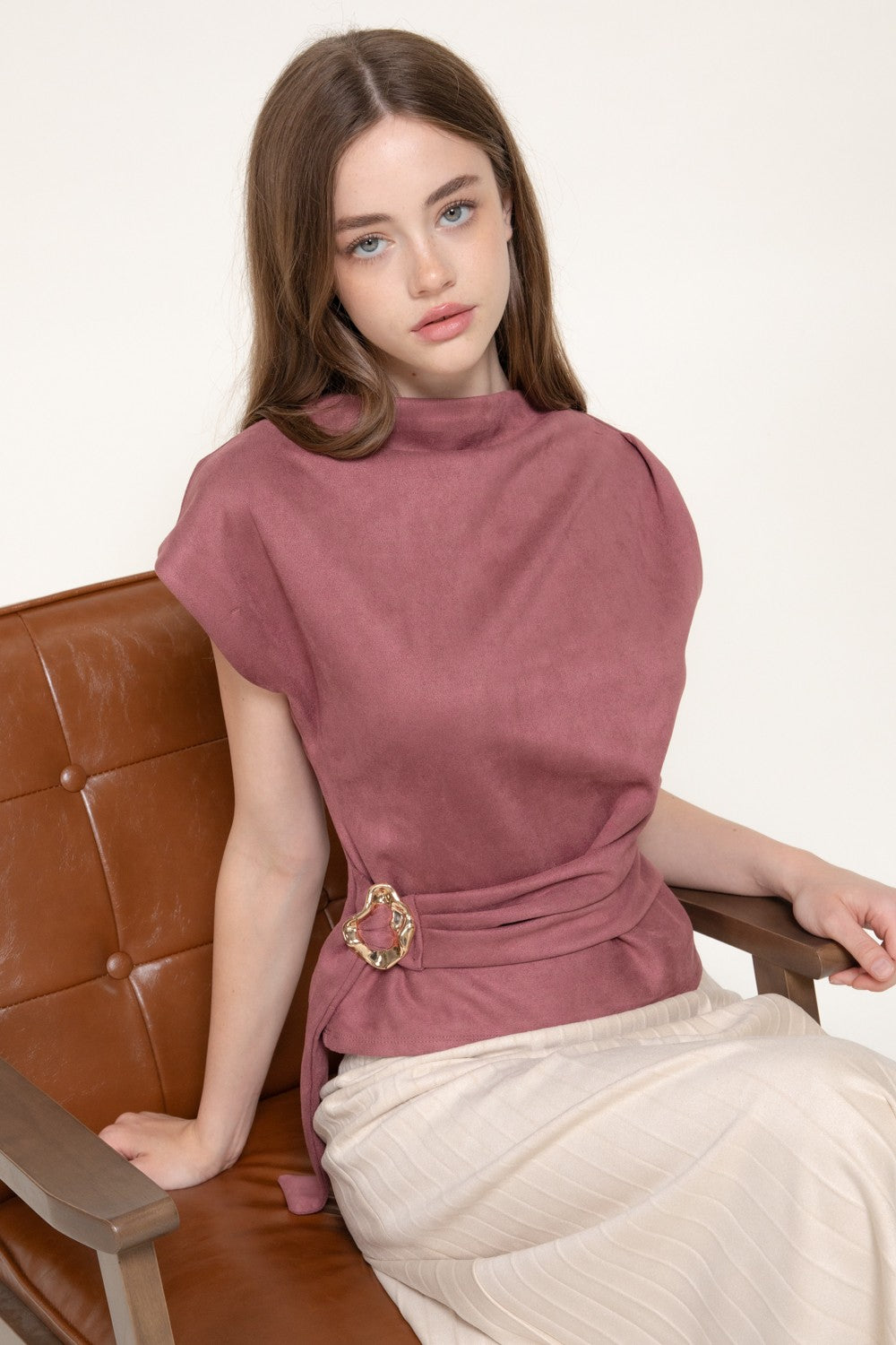 Short Slv High Neck Faux Suede Top