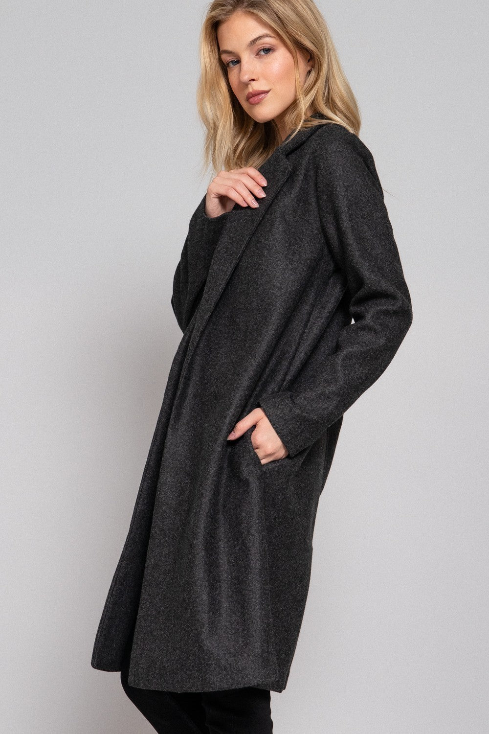 Long Slv Notched Collar Open Front Long Coat