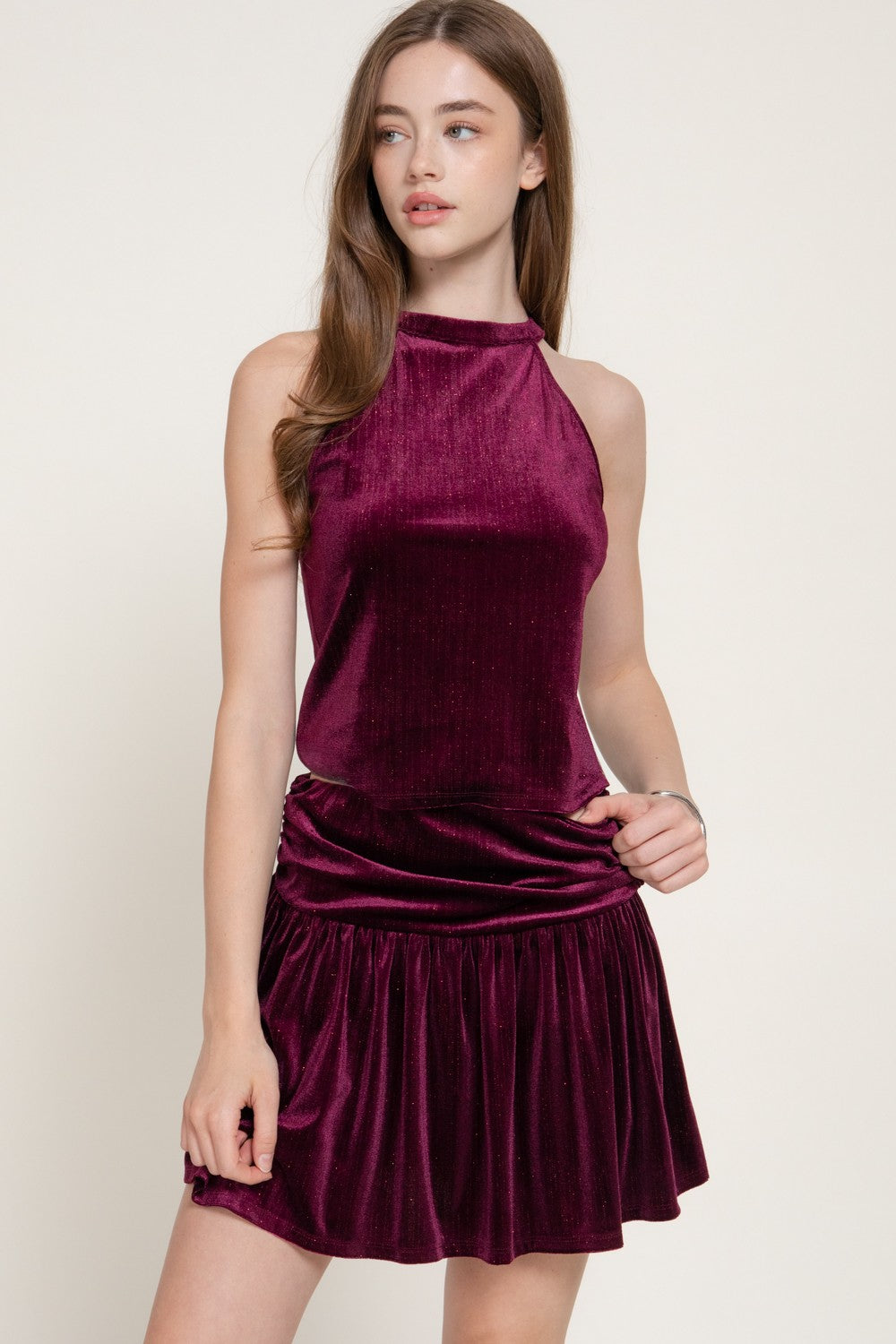 Halter Top & Flare Mini Skirt Metallic Velour Set