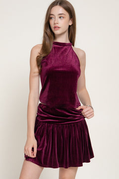 Halter Top & Flare Mini Skirt Metallic Velour Set