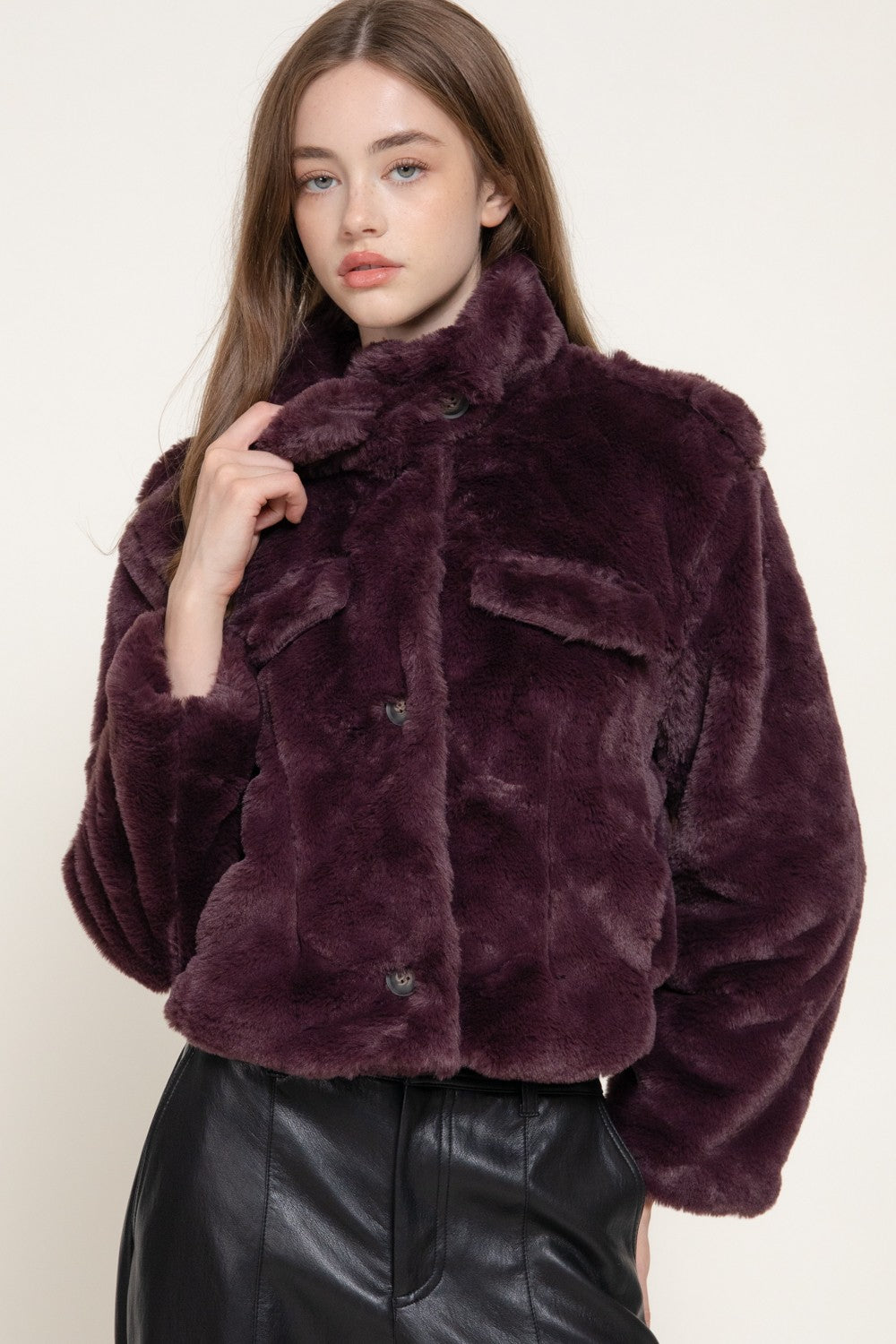 Long Slv Funnel Neck Button Down Faux Fur Jacket