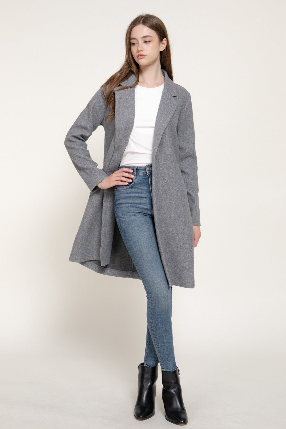 Long Slv Notched Collar Open Front Long Coat