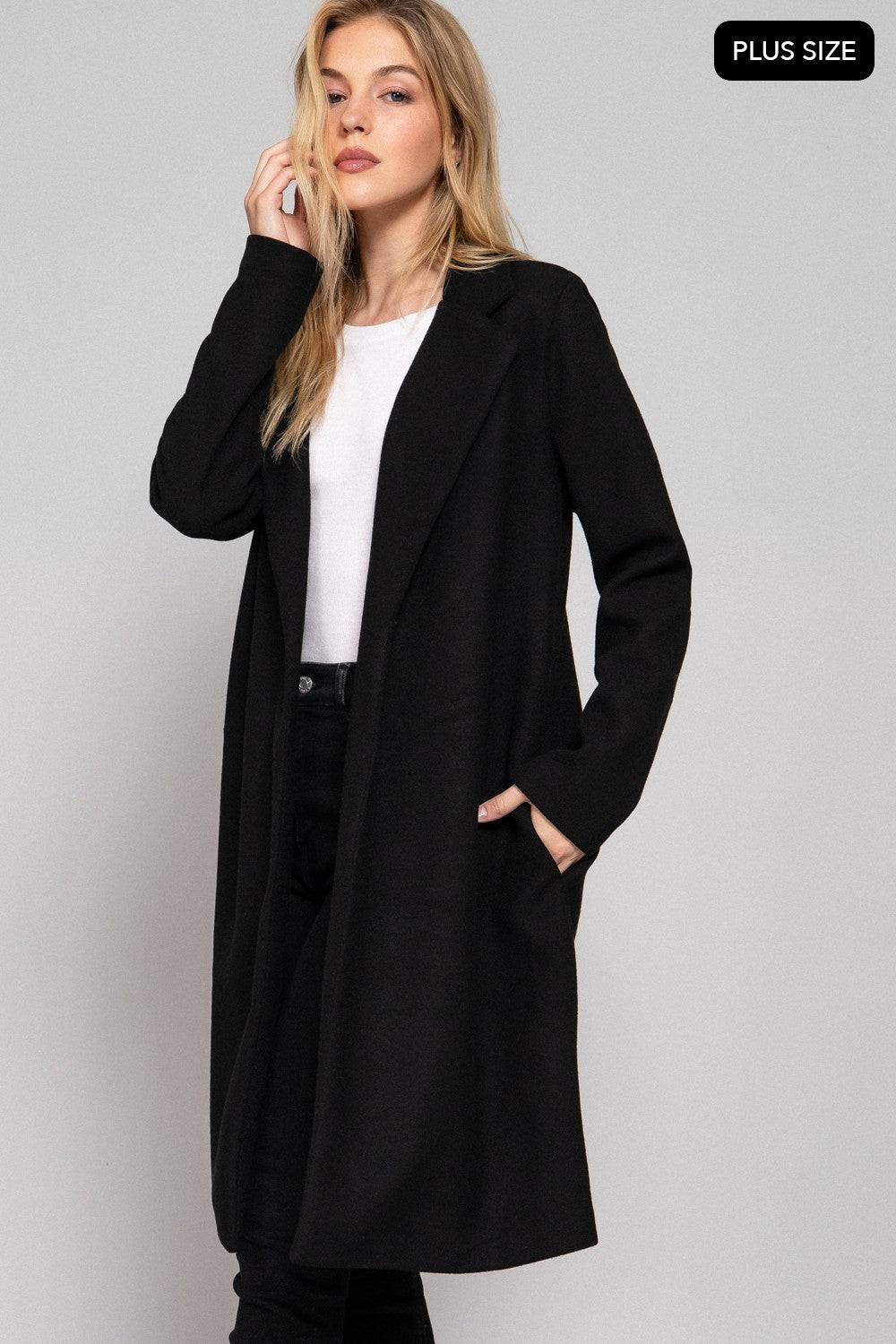 Long Slv Open Front Soft Felt Long Coat