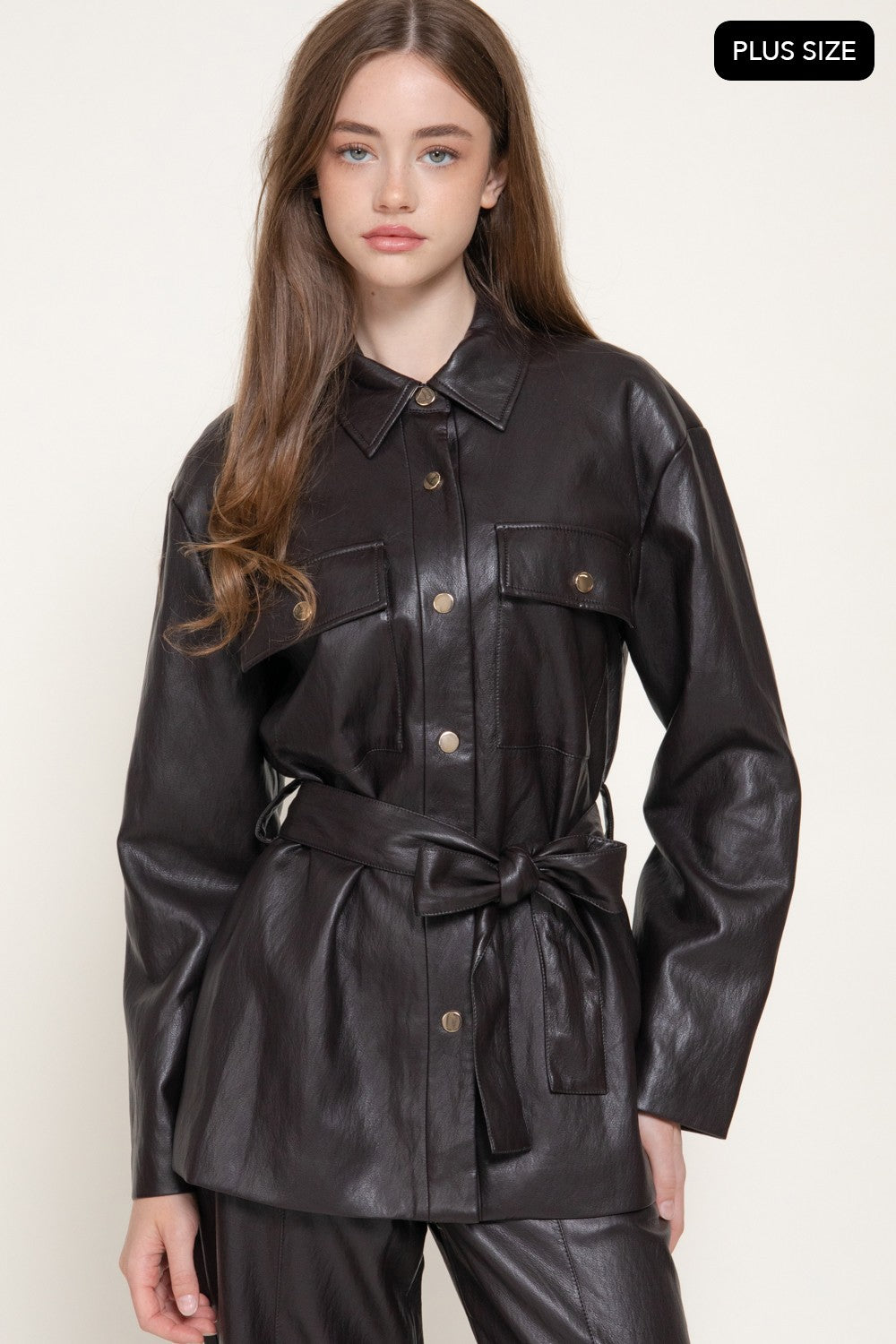 Button Down Belted Faux Leather Jacket
