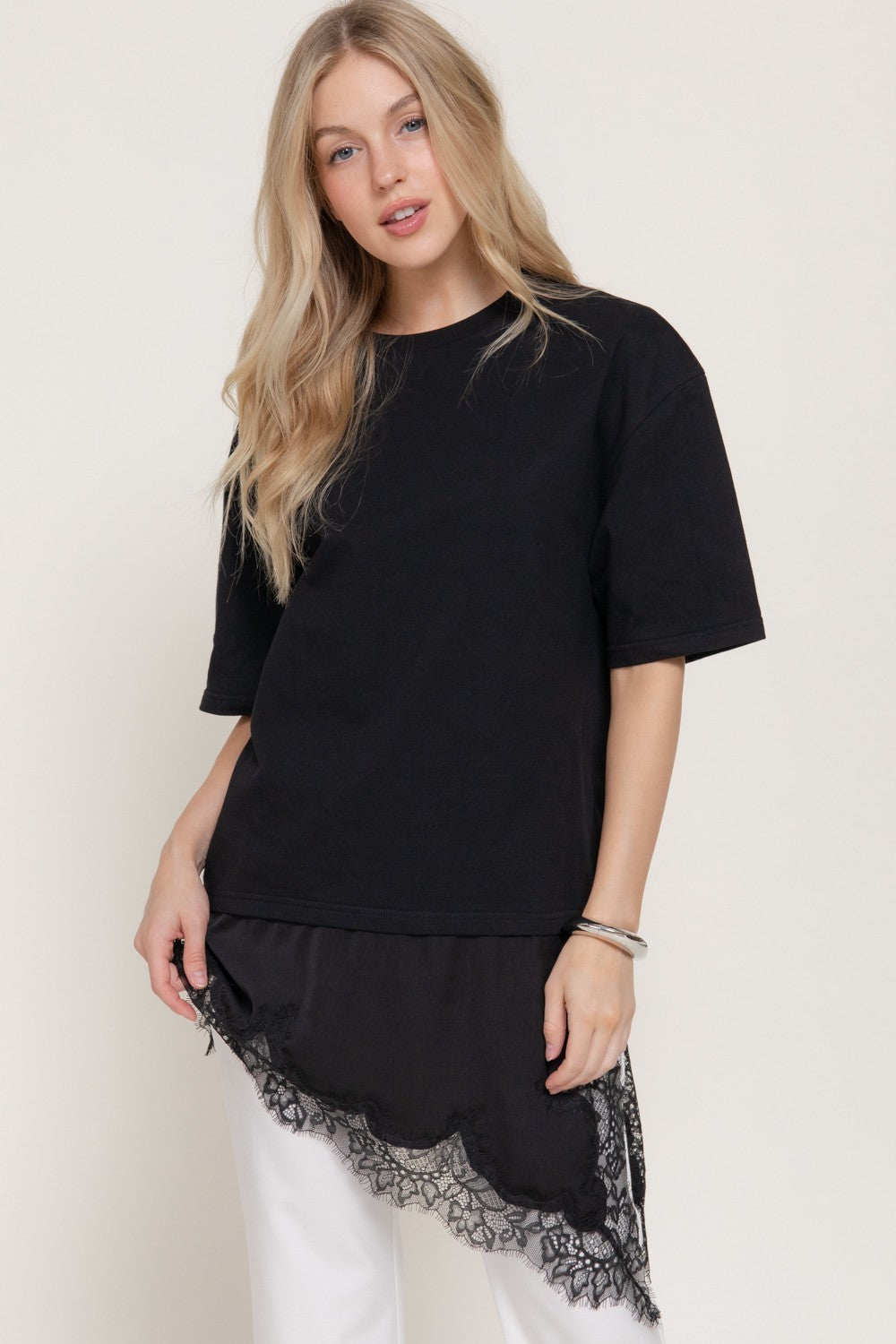 Short Slv Asymmetrical Hem Tonal Lace Knit Top