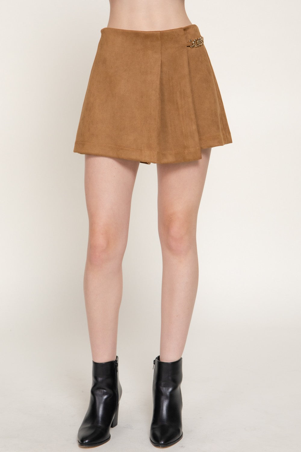 Pleated Metal Chain Faux Suede Shorts