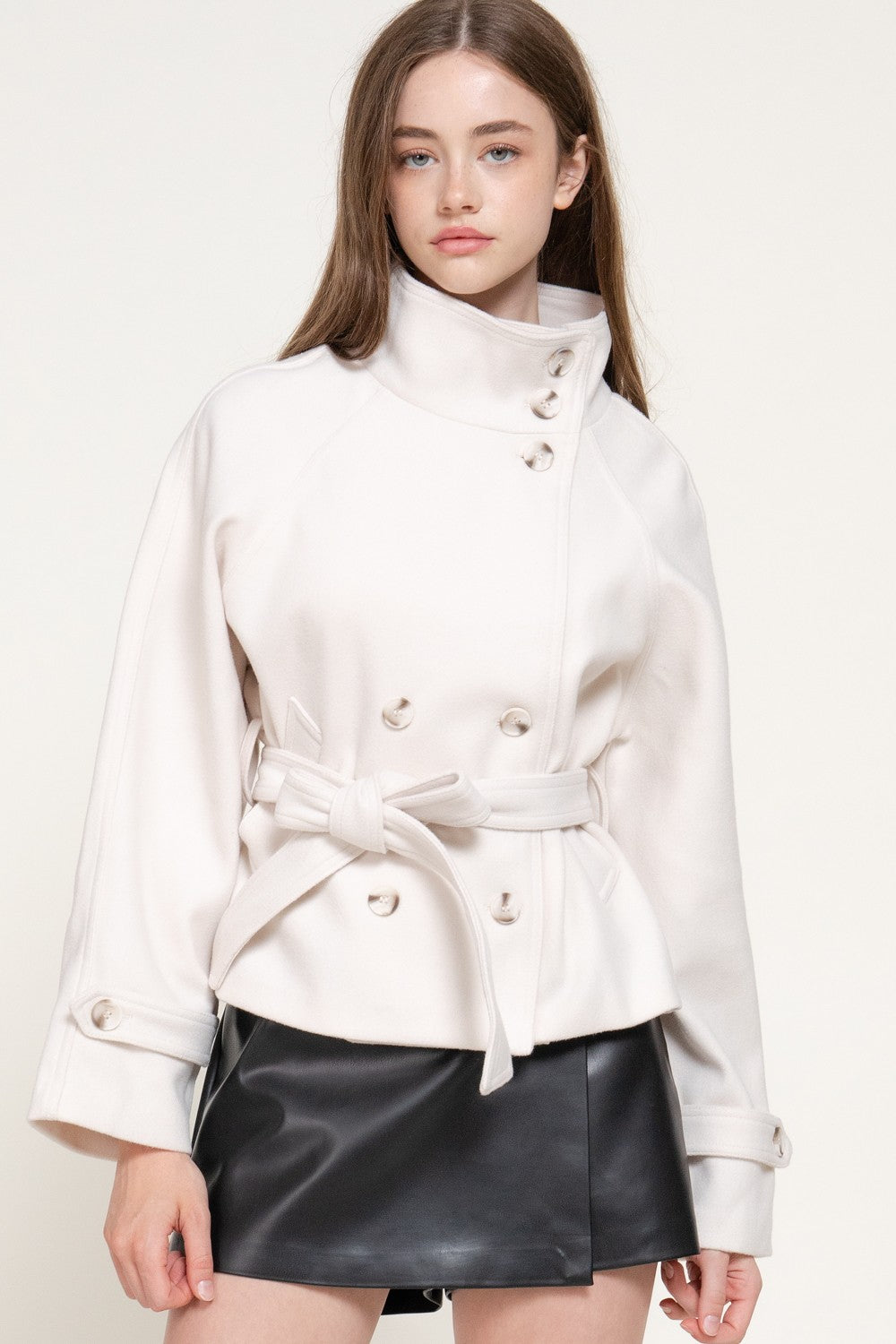 Double Breasted Button Belted Felt Jacket