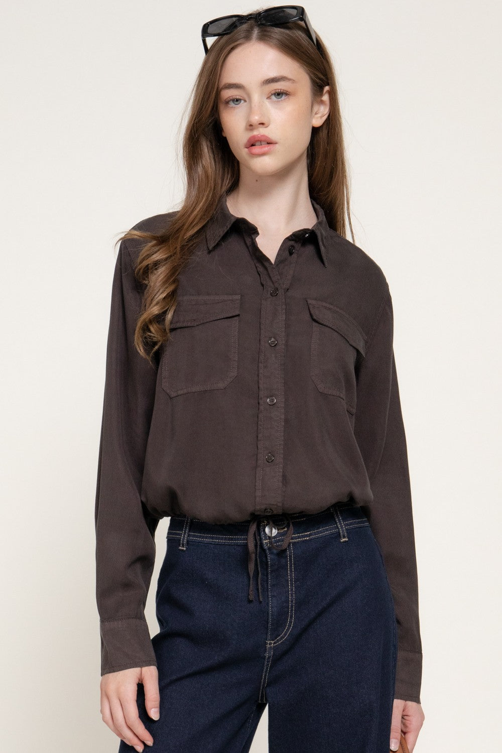 Long Slv Lyocell Shirt W/ Adjustable Drawsting Hem