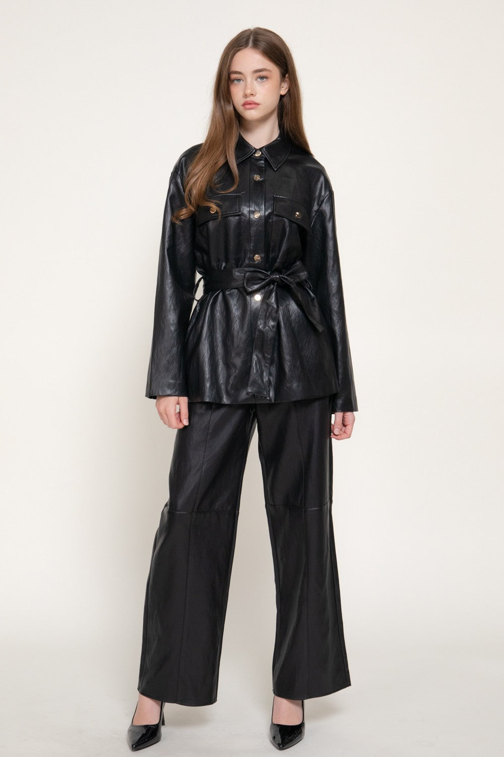 Button Down Belted Faux Leather Jacket