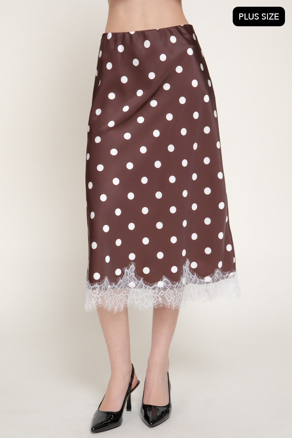 Tonal Lace Trim Dot Print Satin Midi Skirt