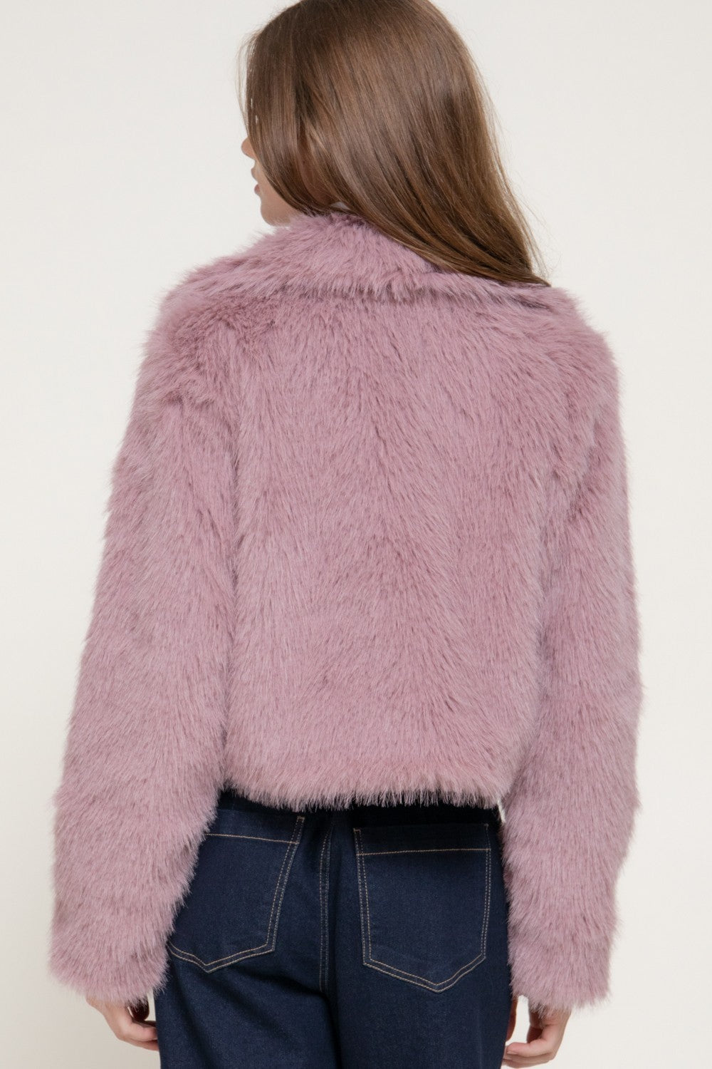 Long Slv Notched Collar Faux Fur Crop Jacket