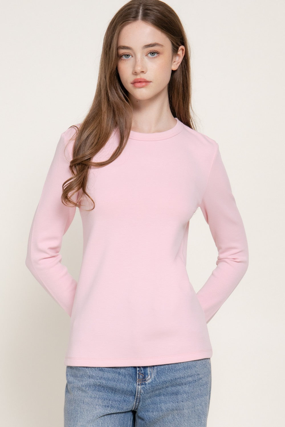 Long Slv Crew Neck Cotton Scuba Knit Top