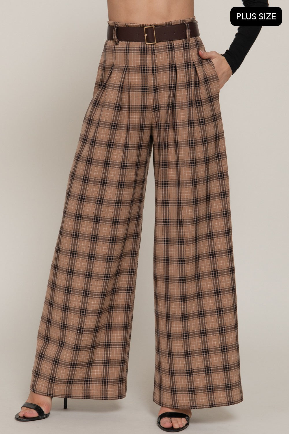 Pleats Belted Plaid Wide Long Pants