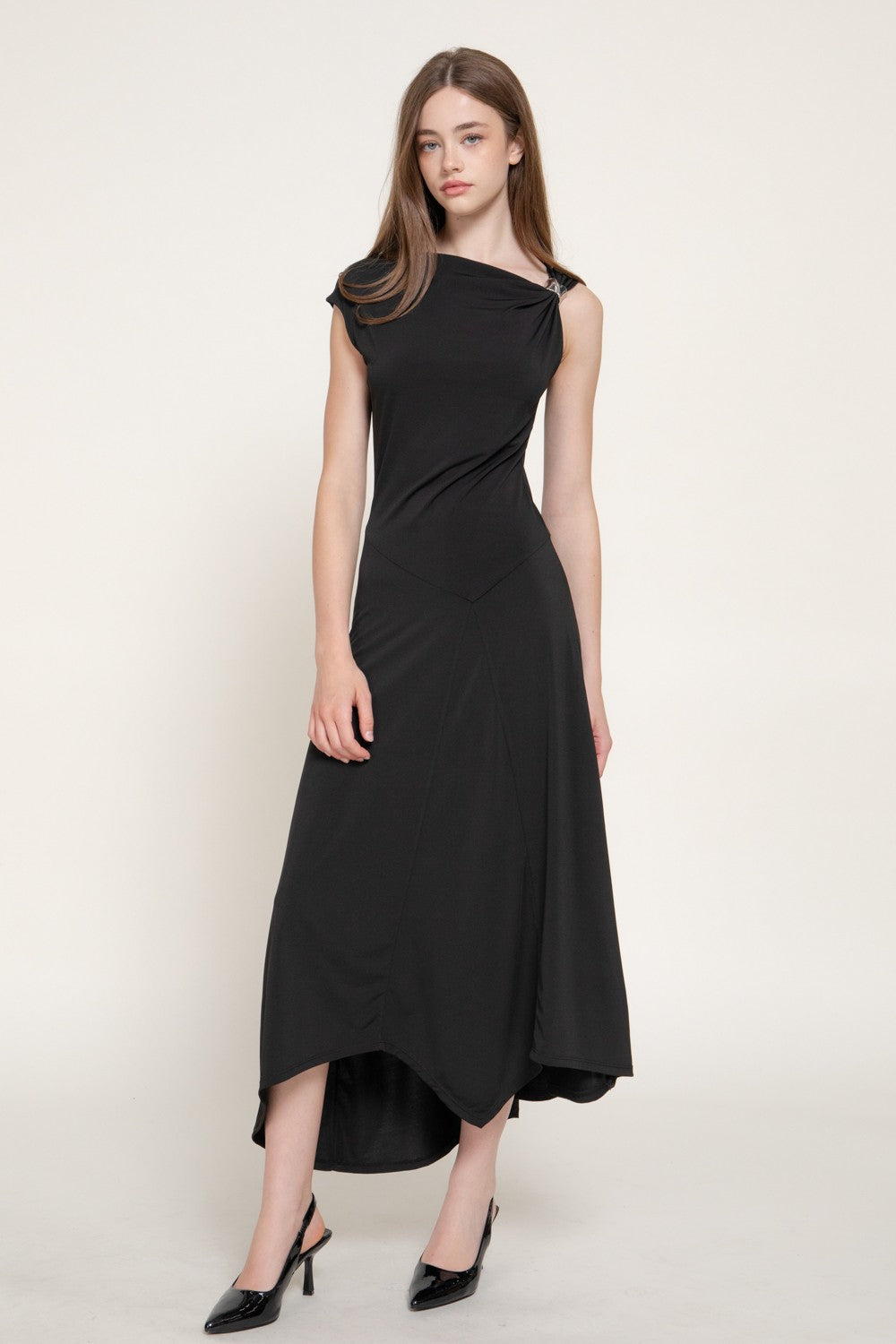 Sleeveless Metal Trimmed Shoulder Draped Dress