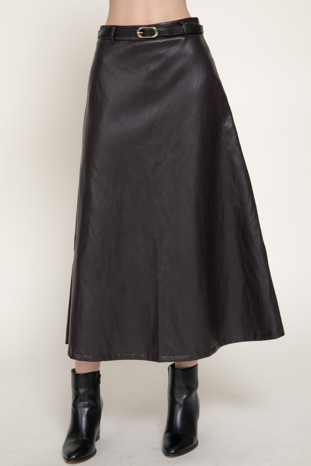 Faux Leather Belted A-line Midi Skirt