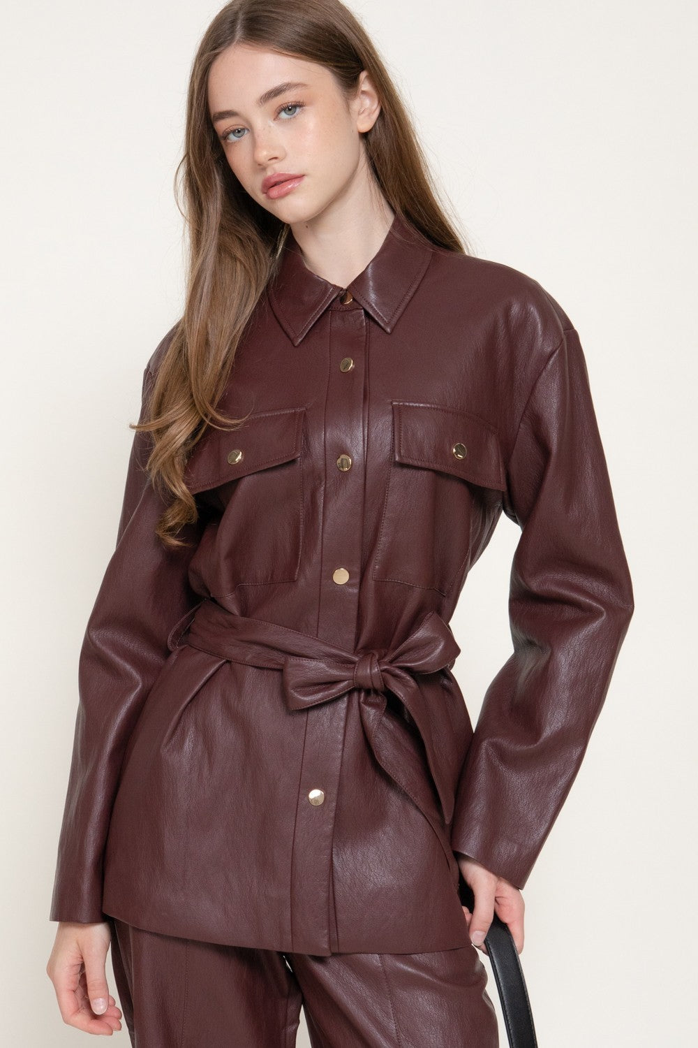 Button Down Belted Faux Leather Jacket