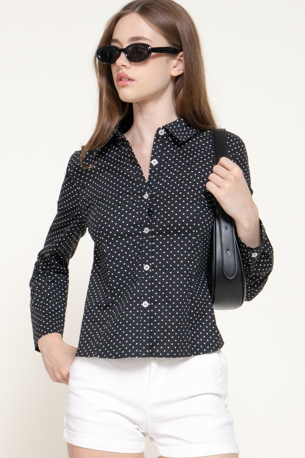 Long Sleeve Fitted Dot Poplin Shirt