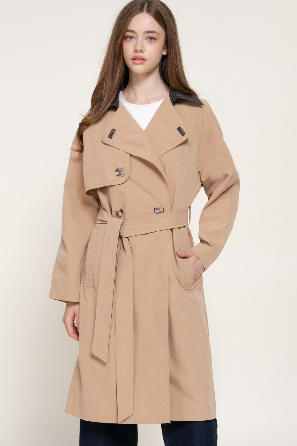 Long Sleeve Trench Coat with Pu Collar & Belt