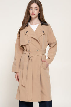 Long Sleeve Trench Coat with Pu Collar & Belt