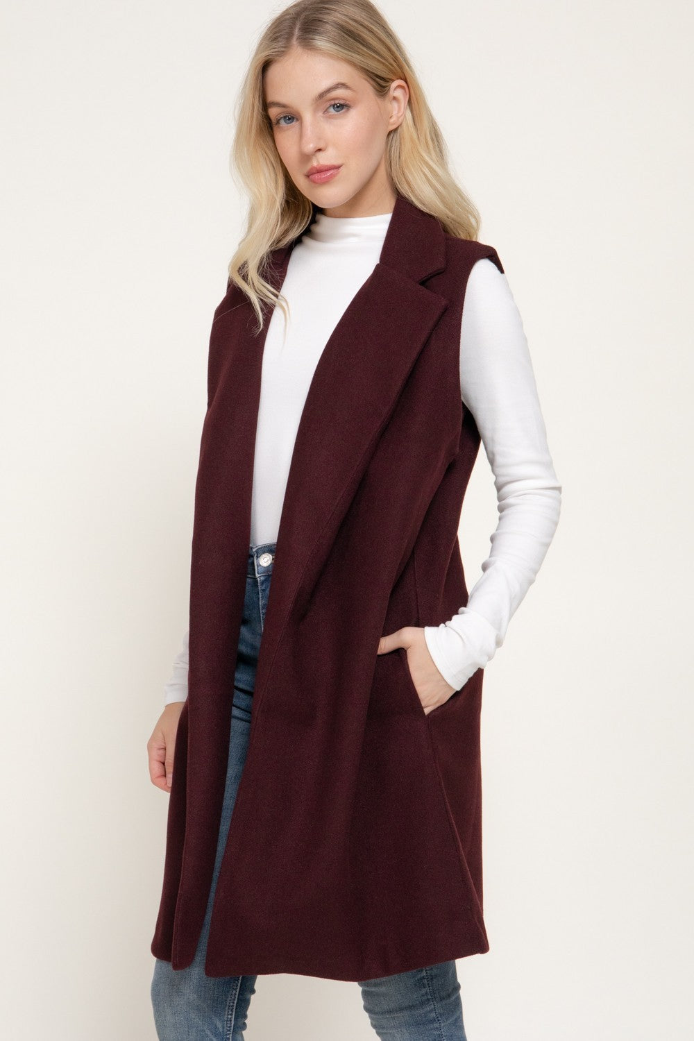 Sleeveless Notched Collar Soft Open Vest