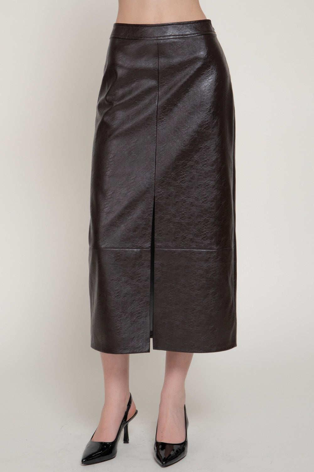 Texture Faux Leather Pencil Midi Skirt