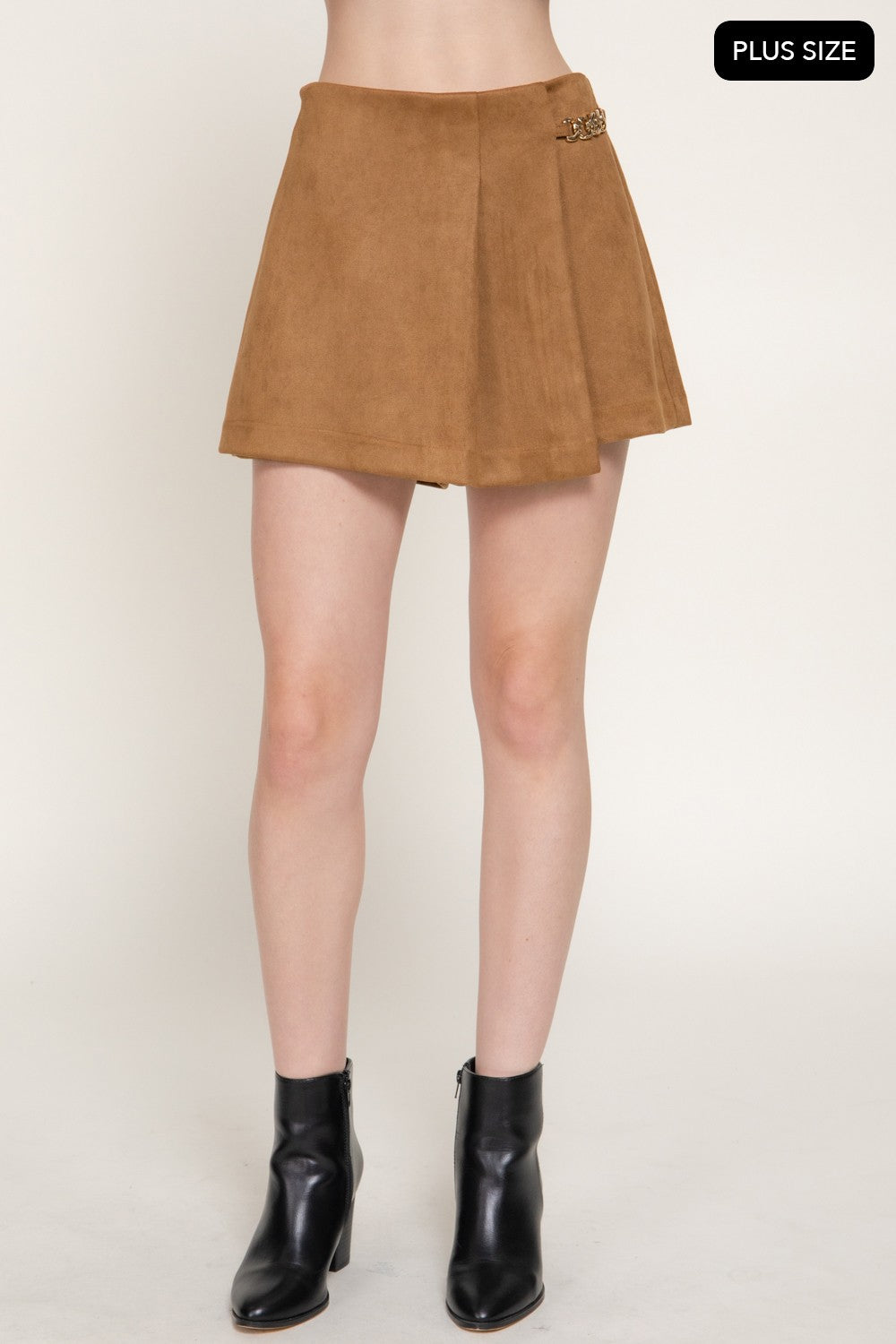 Pleated Metal Chain Faux Suede Shorts