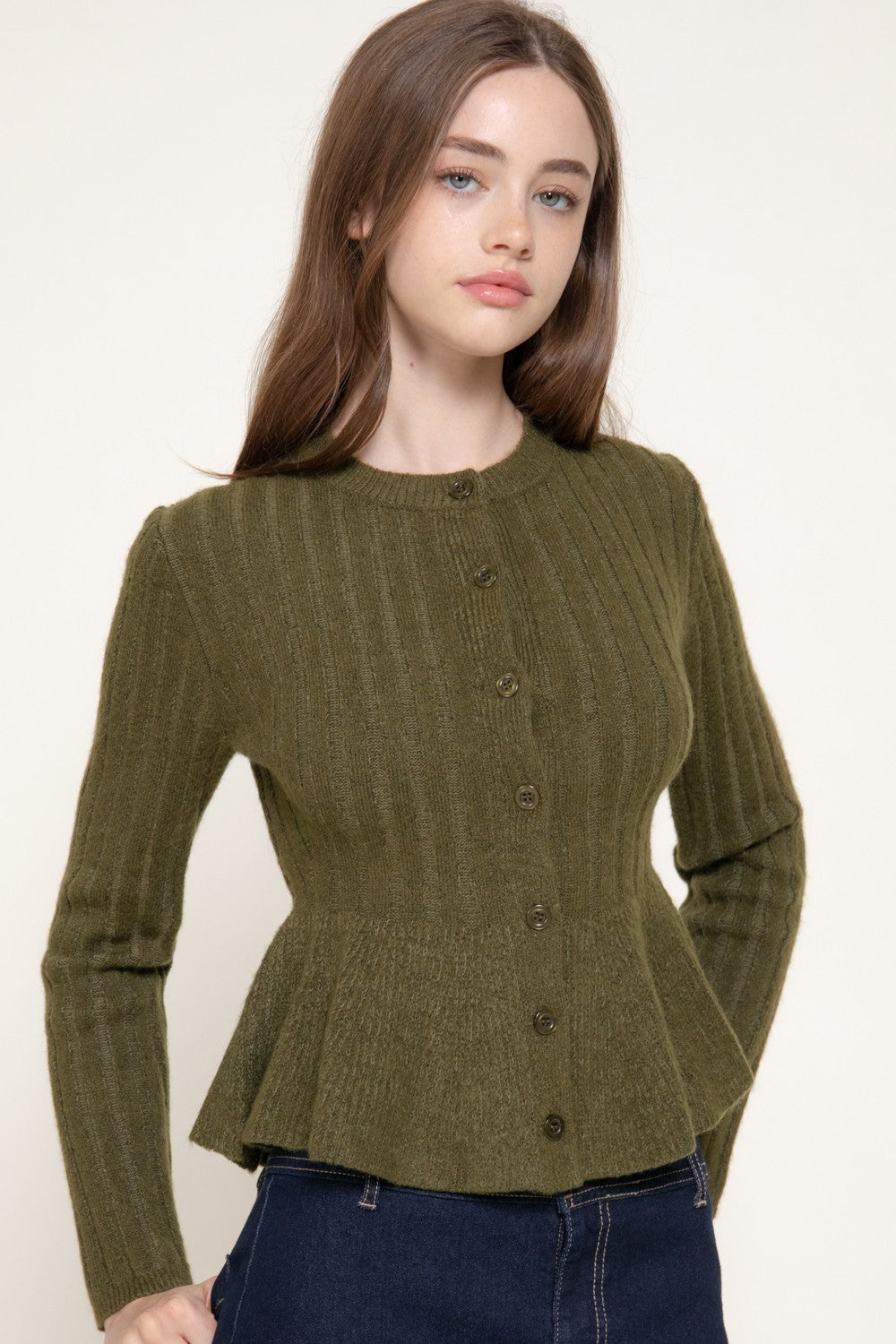 Long Slv Peplum Sweater Cardigan