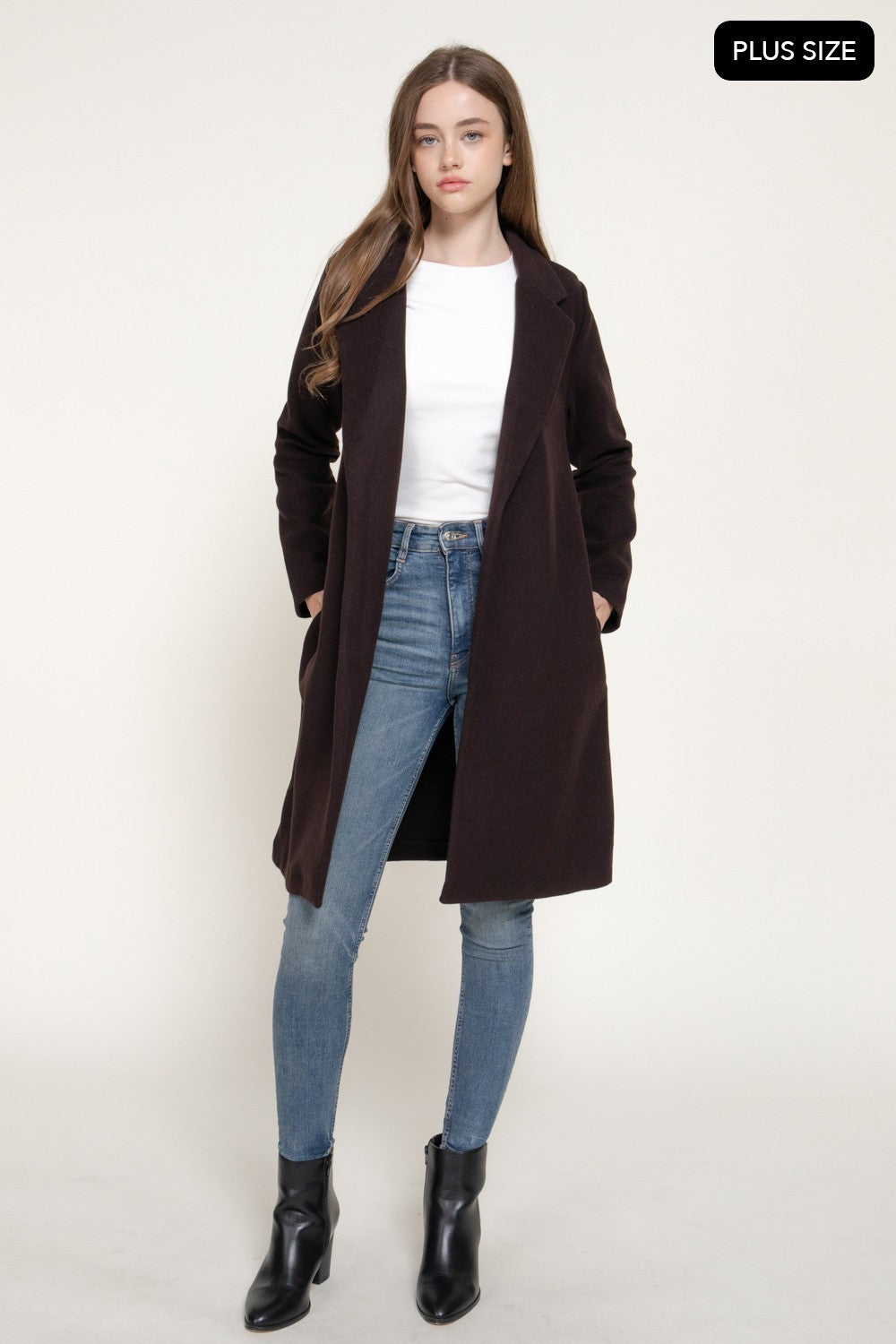 Long Slv Open Front Soft Felt Long Coat